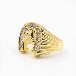 design Cool gold crystal Lucky Horseshoe Ring Stainless Steel racing jewelry Gold horse head Ring Band Finger233U