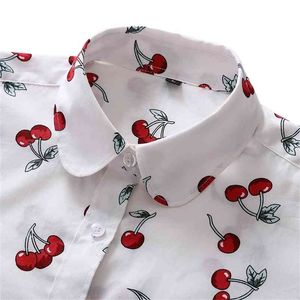 Женские рубашки с длинным рукавом хлопчатобумажной блузки модный припечаток вишневые губы цветочные верхние рубашки для женщин осень под рубашкой Ladies Office 210412