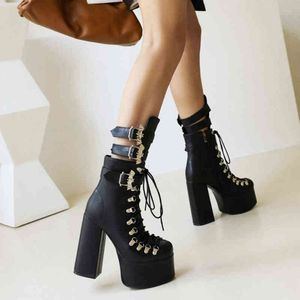 Boot Ribetrini Platform Block High Heels Fashion Women Boots Bat Lace Up Sexy Elegant Autumn Goth Punk for Ladies Shoes 220325