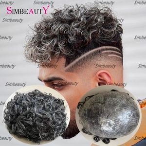 Full Pu Base Durable Thin Skin Toupee for Men 20% Grey Hair 20mm Wave Human Hair Pieces Replacement System Natural Hairline Remy