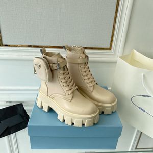 Monolith Beige Leder Nylon Beutel Knöchel Kampfstiefel Plateau Keile Schnürung runde Zehen Blockabsätze Flache Booties klobiger Luxus Designer für Damen Fabrikschuhe