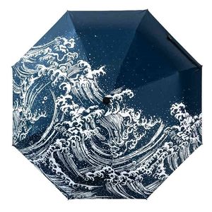 Japanesa Kanagawa surfando três guarda -chuva dobrável 8RIRB Frame resistente ao vento para mulheres Viagem à prova d'água Umbrella 210320