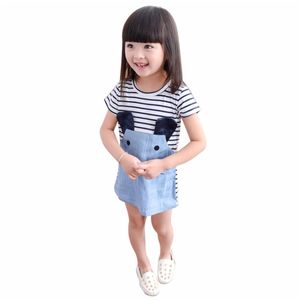 Mädchen Kleider Mädchen Sommer Mädchen Oansatz Kurzarm Cartoon Maus Patchwork Gestreiften Denim Nette Mini Kleidung Kinder Kind DressGirl's