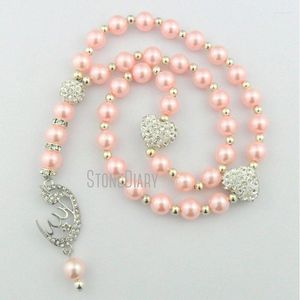 Strands z koralikami MU14424 Cresy Pink Pearls Białe serce Kształt Losy Kulki modlitewne Silver Splated Islamski muzułmański Sibha Tasbin Martw się koralika Rodn22