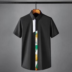 Bomull Male Shirts Luxury Short Sleeve Printed Placket Splicing Casual Mens Dress Shirts Sommar Slim Fit Party