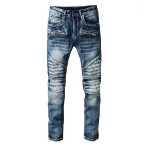 Мужские джинсы в европейском и американском стиле Уличная мода Мужчины Ретро Синий Slim Fit Сращенные дизайнерские байкерские хип-хоп джинсовые брюки в стиле панк Hombre