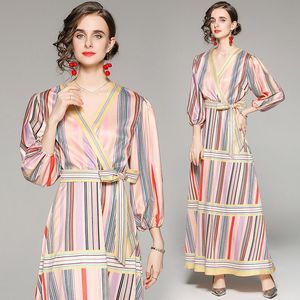 Casual Kleider Bunte Frauen Frühling Sommer Lange Sexy V-ausschnitt Drei Viertel Laterne Hülse Corest Taille Gestreiften Verband VestidosCasual