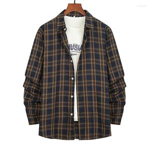 Men's Trench Coats Short Coat Wear Plaid Print Korean Handsome Oversize Autumn Knee-high Windbreaker Single Breasted 2022 Viol22
