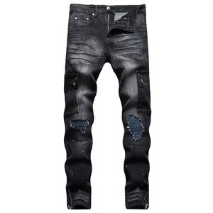 Men's Jeans Men's Cargo Denim Pockets Patch Painted Stretch Biker Pants Bottom Zippers Plus Size Holes Ripped Slim Straight TrousersMen'