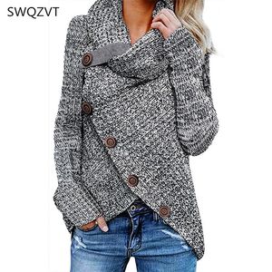 Button Turtleneck tröjor Kvinnor varm oregelbunden hösten vinterkläder Kvinnor Casual Ladies Pullovers Female Clothing Jumper 210203
