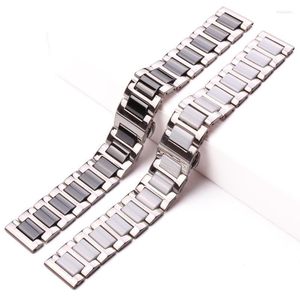 Watch Bands Middle Ceramic Links Stainless Steel Bracelet 16mm 18mm 20mm Men Women White Black Watchband Strap Metal Double Push ClaspWatch