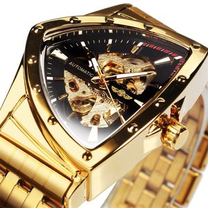 WINNER Triangle Skeleton Gold Black Часы для мужчин Автоматические механические наручные часы Нестандартный роскошный ремешок из нержавеющей стали relogio 220622