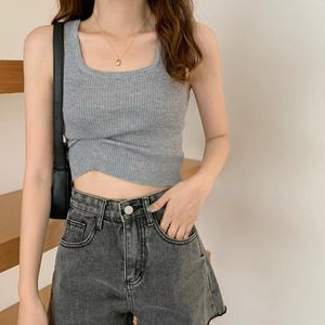 Damen-Tanks, Camis, ärmellos, geripptes Strick-Crop-Tank-Top, einfarbig, einfarbig, quadratischer Ausschnitt, schmale Weste