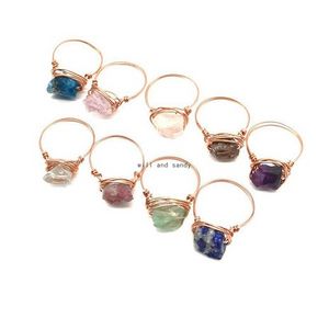 Handmade Natural Gravel Rings Wire Wrap Mineral Rings Natural Stone Ring band finger women fashion jewelry