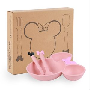 3PCSSet Wheat Straw Baby Dishes Cartoon Table Set Kids Dinner Platos Baby Feed Plate Training Bowknot Bowl Spoon Fork 220715