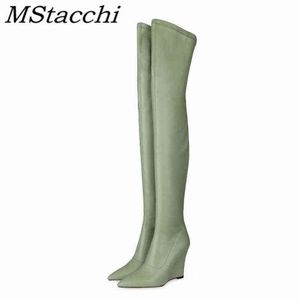 Mstacchi elegant kvinna lår höga botas utomhus kilar läder slip-on damskor tjock botten över knä stövlar stor storlek 33-43 220729