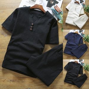 Men's Tracksuits Solid Linen Casual Set T-Shirt Cotton Short-Sleeved Size Large Mens Color Men Suits & Black And Red Suit Vest JacketMen