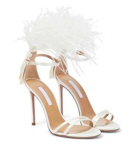 Summer Top Luxury Concerto Feather-trimmed Sandals Shoes For Women Open Toe Sexy Sling-back Lady High Heels Bridal Wedding Party 35-42