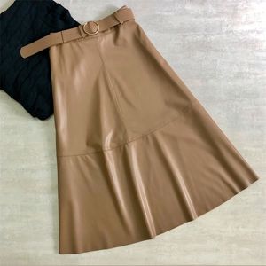 Hösten vinter västerut stil mode hög midja smala allmatch kvinnor pu läder kjol bälte aline lång kjol 210311