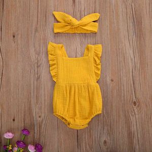 Newborn Baby Girls 2-piece Outfit Set Fly Sleeve Solid Color Square Collar Romper and Headband Fashion Set G220521