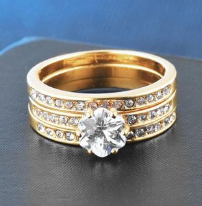 14K Plated gold Wedding Rings Three piece combination of full lab diamond flower ring