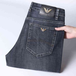 Jeans de ônibus retos elástico masculino fino e casual calça de cintura alta de meia-idade de meia-idade