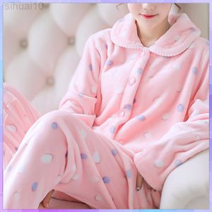 2Pc Plus Velvet Pajamas Women Winter Flannel Long Sleeves Thickening Coral Fleece Cute Autumn And Winter Home Service suit Women L220803