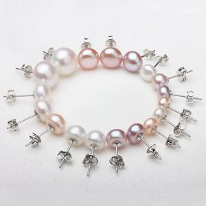 925 Silver 6-7-8-9-10mm Pearl Stud Freshwater Pearl Earrings White Pink Purple Lady/Girl Fashion Jewelry