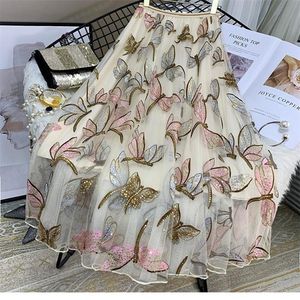 Sequin Mesh Embroidery Dragonfly Long Skirt Women's Spring And Summer Slim High Waist Pleated Sweet Midi Tulle Skirts Female 220512