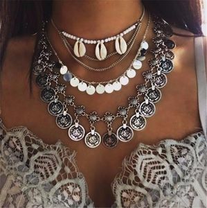 Kedjor Bohemian Summer Beach Silver Coin Tassel Sequin Pendant Choker Necklace Women Gyspy Multilaryer Link Neck Chain Maxi Jewelrychains