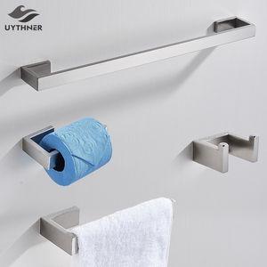 Brushed Bathroom Hardware Set Robe Hook Towel Rail Bar Rack Shelf Tissue Paper Holder Toothbrush Accessories Y200407