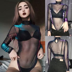 Kadın İki Parçalı Pantolon Moda Shining Uzun Kollu Bodysuit Örgü Fishnet Tulum Kadınlar Goth Gotik Seksi Vücut Femme Gömlek Üst Şeffaf B