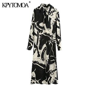 kpytomoa نساء الموضة مع أزرار مطبوعة مطوية midi فستان خمر الأكمام الطويلة الأمامية