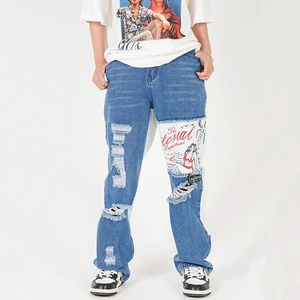 Erkek kot pantolon harajuku gevşek delik erkekler renk eşleşen patchwork tasarımı düz bacak pantolon punk hip hop sokak moda rahat pantolon