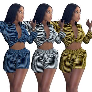 Fashion New Striped Print Tracksuits For Women Long Sleeve Lapel Shirts Tops And Casual Shorts 2 Piece Sets M6567