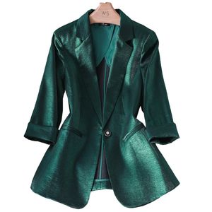 Business Half Sleeves Fit Imitate Satin Blazers Kvinnor Sommar Koreansk stil Retro kostym Kvinnor Kvinna Chic Kontor Grundläggande Solid Outwear