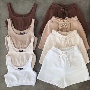 Summer Womens Manica corta Due pezzi Loungewear Set Tinta unita Athleisure Abiti casual Tank Biker Shorts e Top corto Set 220606