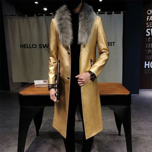 Stor päls krage herrar faux läder trench rockar män överrockar lyxiga veste homme guld långa rockar smala passform chaqueta cuero hombre 201128