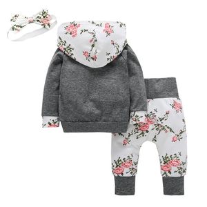 Toddler Baby Girl Clothes Long Sleeve Flowers Kangaroo Pocket Hoodie Top and Pants Outfit with Headband Infant Clothing Set LJ201223