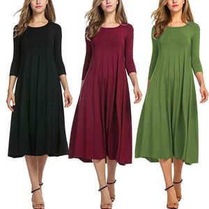 Spring New Women Elegant A-Line Dress Solid Autumn Tunic Dress Three Quarter Sleeve Casual Loose Cotton Dresses Plus Size Y220526