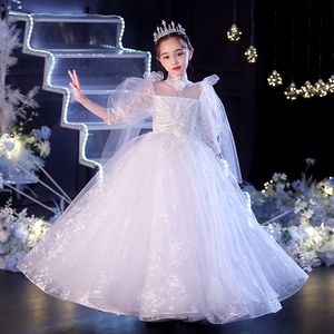 2022 Spetsblommor Girls Dresses Sheer Neck Applicants Tulle Wedding Girls Pageant Dresses Party Dresses for Teens