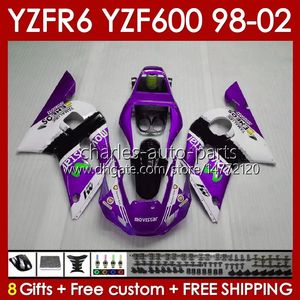 Corpo de corpo para Yamaha yzf 600 cc yzf-600 yzf-r6 1998 1999 2000 2001 2002 bodys 145no.125 yzf600 600cc yzf r6 r 6 98-02 quadro yzfr6 98 99 00 01 02 OEM Fairing Kit Purple White Blk