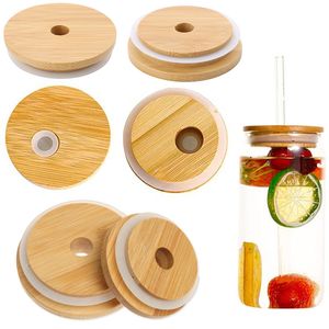 70mm 86mm Wide Mouth Bamboo Lids Mason Jar Canning Caps Glass Cups Lid With Straw Hole & Silicone Straw Valve Non Leakage Silicones Sealing Wooden Covers Storage