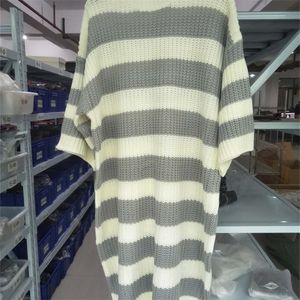 Lanmrem Stripe Crew Szyjka Sweter Sweter Kobiety jesienne zima luźna luźna duża rozmiar Długie dzianinowe sukienka Kobieta PC442 201203