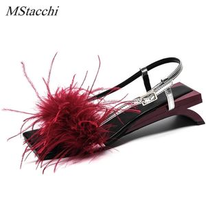 Mstacchi Summer Women Sandali A Word Type Strap Strange Heel True Feather Sandali Ornamenti Alien Heel Ladies Party Shoes Donna 210226