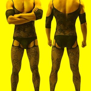 Men's G-Strings Men's Sexy Suspenders Siamese Stockings Lace Transparent Open Crotch Underwear Teddies Bodysuits Men Jumpsuit Club Wear