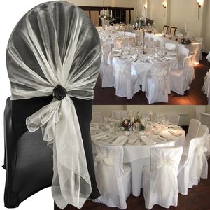 10 pz 65x275 cm Bianco Organza Telai Della Sedia Sedia Da Sposa Cravatta Bow Hotel Party Banchetto Evento Copertura Della Sedia Nodo Blu rosa Decorazione