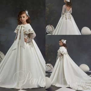 Ny A Line Flower Girl Dresses With Wrap Jewel Long Sleeve Backless Lace Applique Paljetter Pageant Dress Floor Length Girl s Birthday Part
