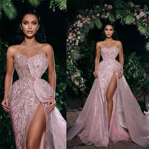 Pink Sweetheart Prom Dresses Sexy Sequins Beads Sleeveless Evening Dress Custom Made High Split Floor Length Party Gown