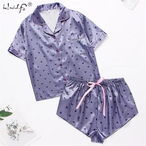 Mulheres Seda Cetim Pijama Set Shorts Manga Shorts Terno Button-Down Impressão Sleepwear Loungewear Pijamas Mujer Homewear 220421